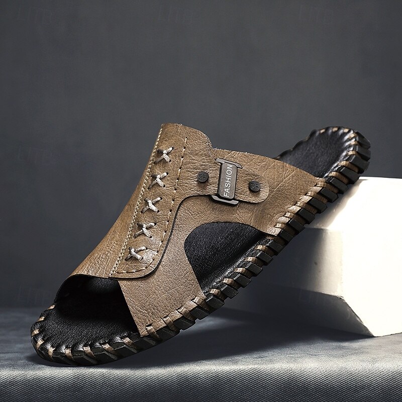 Men's Casual Brown Slide Sandals with Leather Strap and Stylish Stitching Detail – Comfortable for Everyday Wear, Beach and Relaxed Outings