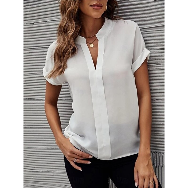Women's Shirt Blouse Solid Color Stylish Casual Short Sleeve Notched Neck Regular Tops Daily Black White Blue Fuchsia Summer Spring3