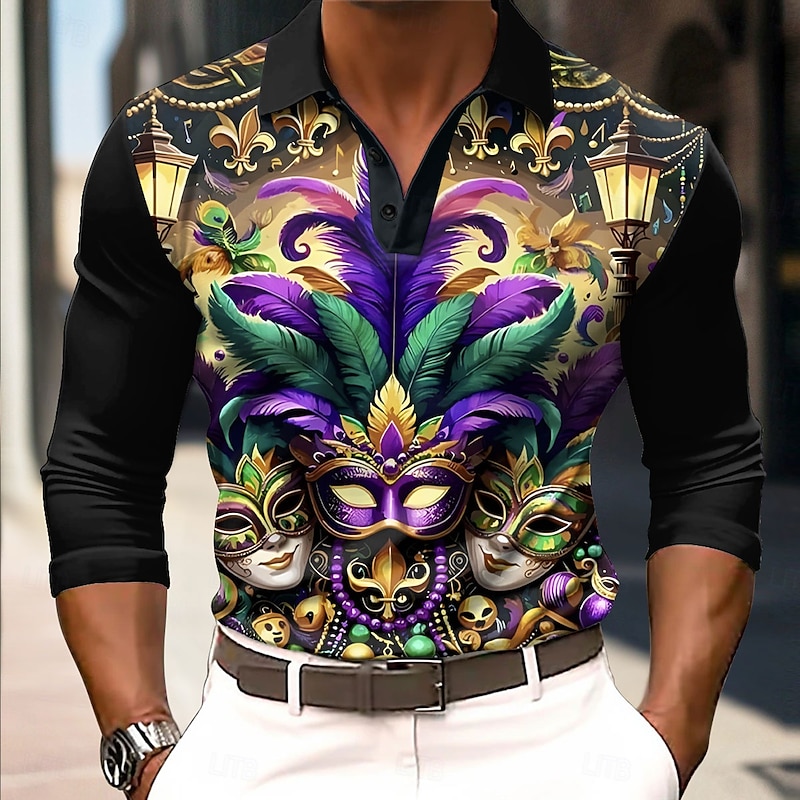 Carnival Men's Mask Polo Long Sleeve Polo Shirts Collared Shirts Vintage Festival Outfit 3D Print Spring Fall Winter Black