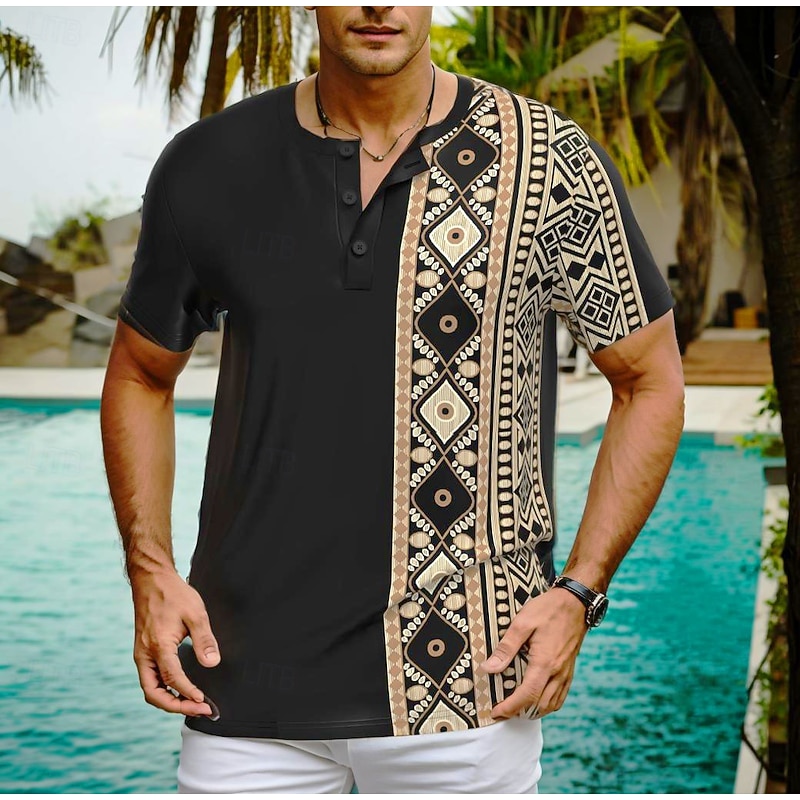 Men's Ethnic T Shirt Henley Shirt Short Sleeve Designer Retro Vintage Street Casual Daily Summer Spring Black Henley Henley T-Shirt