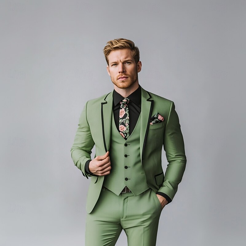 Men's Wedding Prom Party Suits Sage Formal Solid Colored Standard Fit 3 Piece Single Breasted One-button2