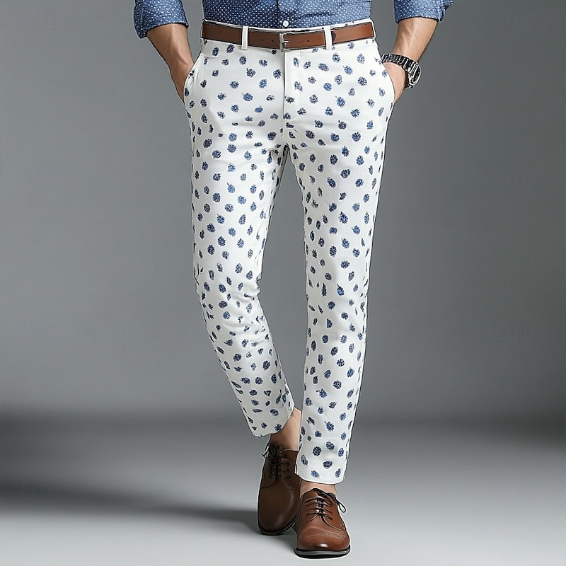 Men's Floral Print Dress Pants Trousers Mid Waist Business Casual Wedding Outdoor Vacation with Pockets Slim Fit Flat-Front Summer Spring 3D Print White