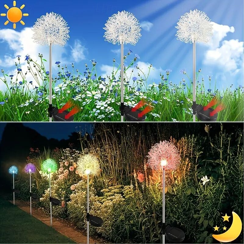 2pcs Outdoor Solar Dandelion Aluminum Ball Garden Light LED Landscape Light No Wiring Required for Courtyard Pathway Terrace Flower Bed Camping Holiday Party Decoration3