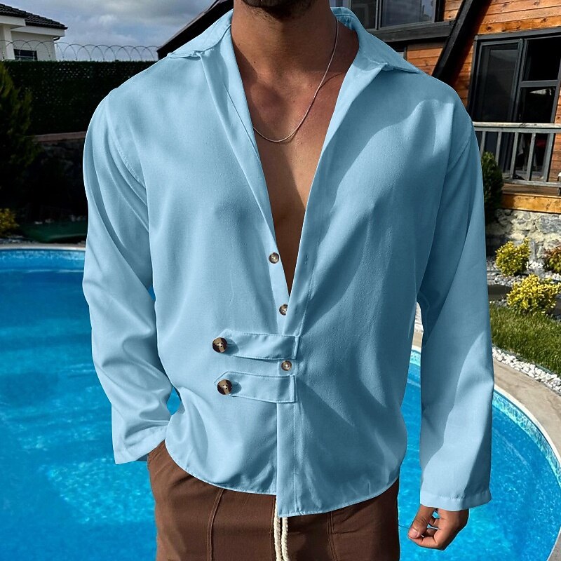 Men's Shirt Summer Shirt Casual Shirt Beach Shirt Button Up Shirt Black White Army Green Gray Light Blue Long Sleeve Plain Lapel Vacation Hawaiian Button-Down Clothing Apparel Polyester Fashion3