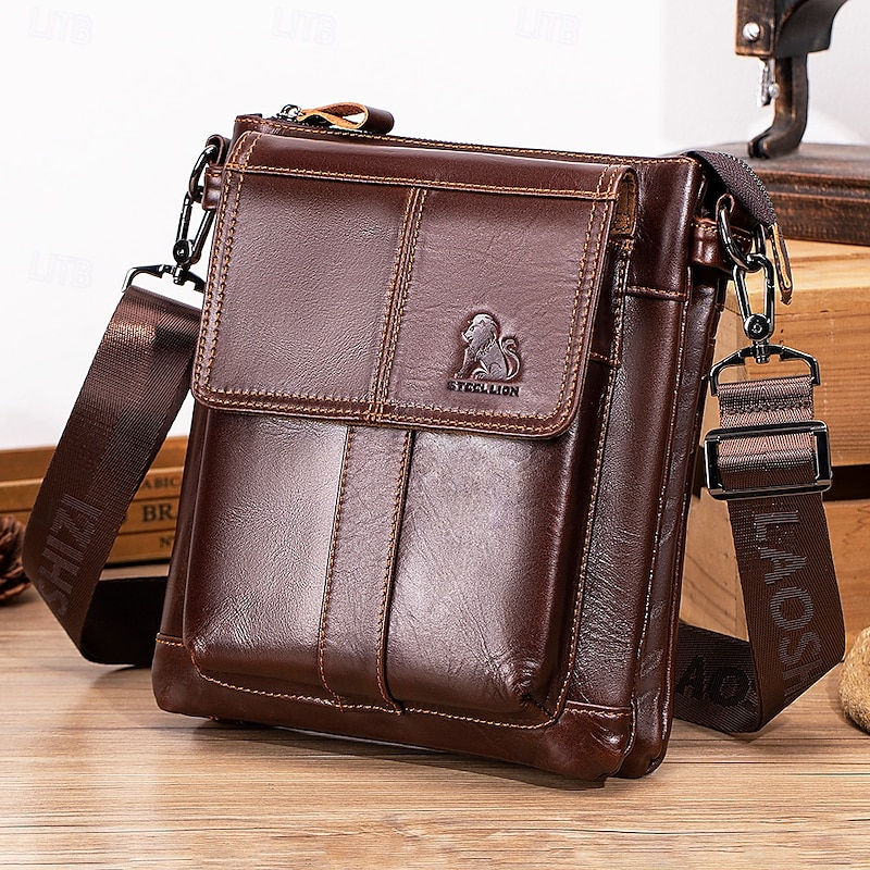 Men's Crossbody Bag Cowhide Daily Zipper Solid Color Black Brown Coffee