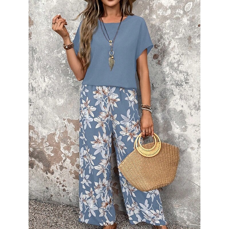 Women's Fashion Streetwear Daily T Shirt Wide Leg Pants Short Sleeve Crew Neck Floral Drawstring Casual Daily Black Navy Blue Green Summer Regular Fit4