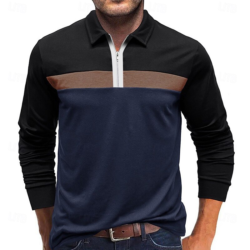 Men's Color Block Rugby Polo Long Sleeve Polo Shirts Quarter Zip Fashion 3D Print Modern Daily Holiday Going out Patchwork Spring &  Fall White Wine Navy Blue4