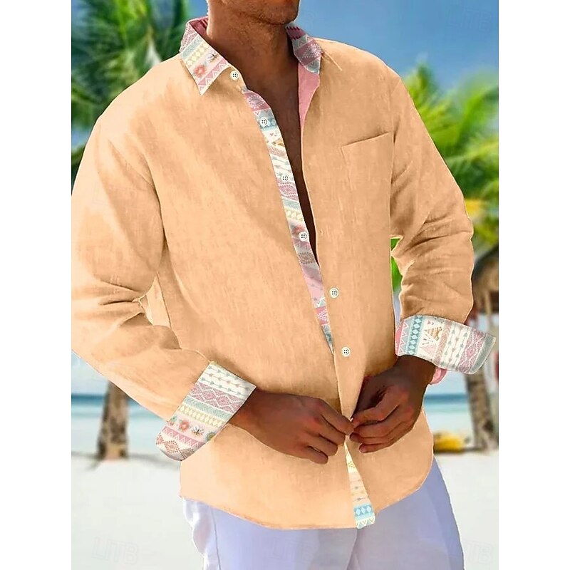 Men's Shirt Summer Shirt Casual Shirt Beach Shirt Button Up Shirt White Pink Sky Blue Orange Long Sleeve Plain Pattern Lapel Vacation Hawaiian Button-Down Clothing Apparel Polyester Fashion Casual4
