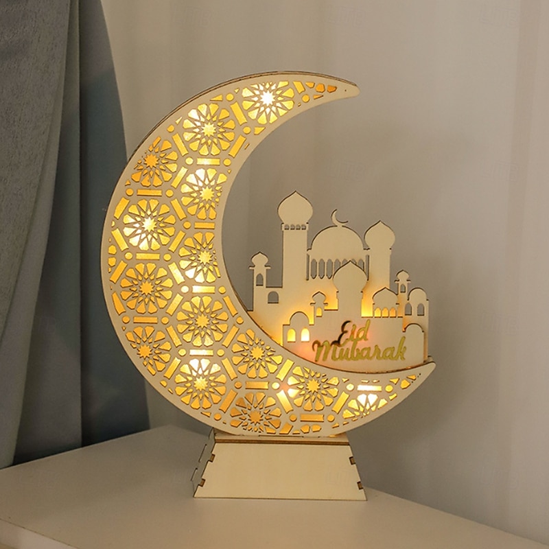 Wooden LED Moon Light – Eid Festival Decoration, Muslim Atmosphere Lamp for Bedroom Home Decoration