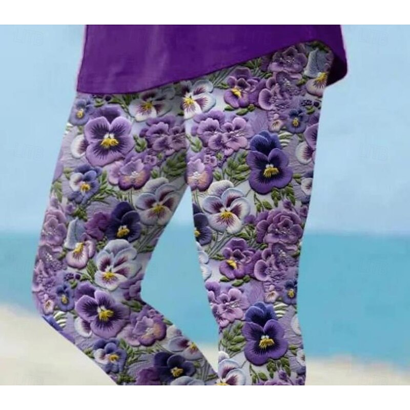 Women's Leggings Capri Pants High Elasticity Vacation Fashion Hawaiian Ankle-Length Mid Waist Floral Printing Thermal Warm Breathable Soft  Vacation Casual Daily Amethyst Summer Spring Regular Fit2