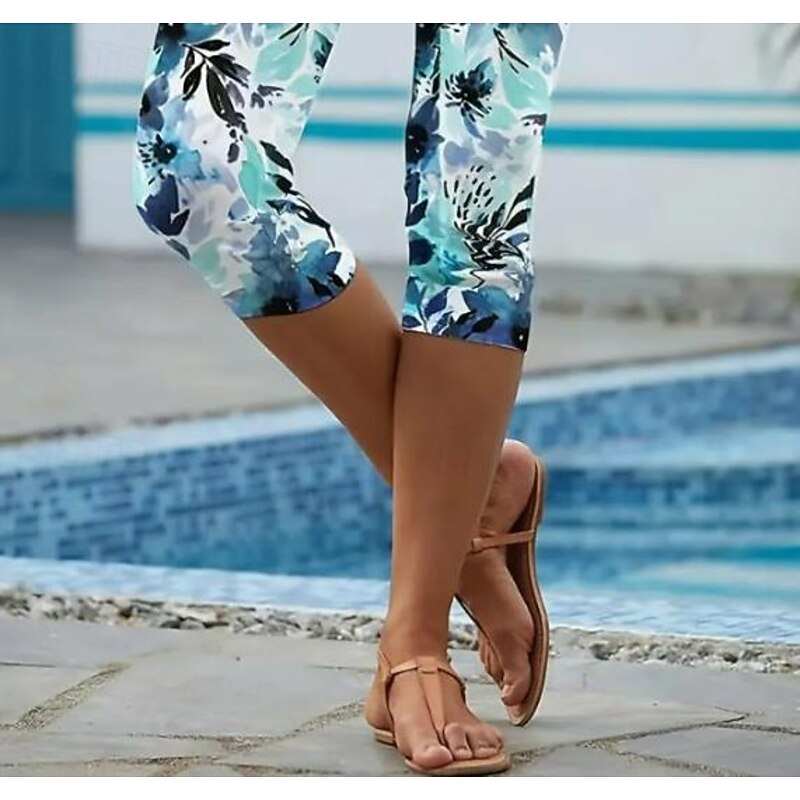 Women's Leggings Capri Pants High Elasticity Vacation Fashion Hawaiian Ankle-Length Mid Waist Floral Printing Thermal Warm Breathable Soft  Vacation Casual Daily Black and Blue Summer Spring3