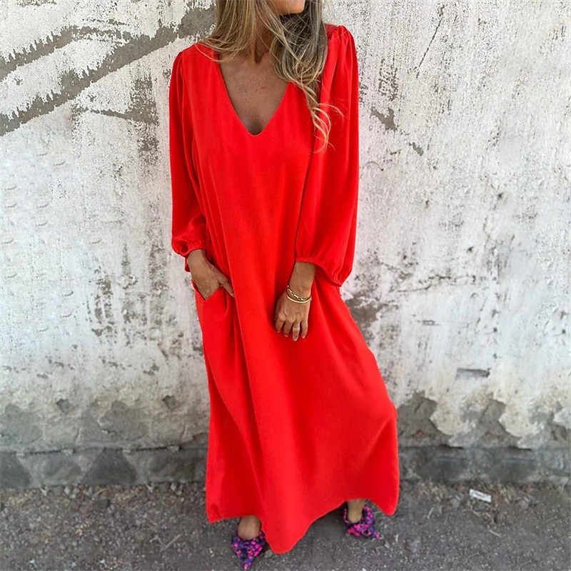 Women's Long Dress Maxi Dress Casual Dress Maxi Dress Summer Dress Stylish Casual Lantern Sleeve Vacation Daily Date Regular Fit Plain Long Sleeve V Neck Pink Red Khaki Summer Spring
