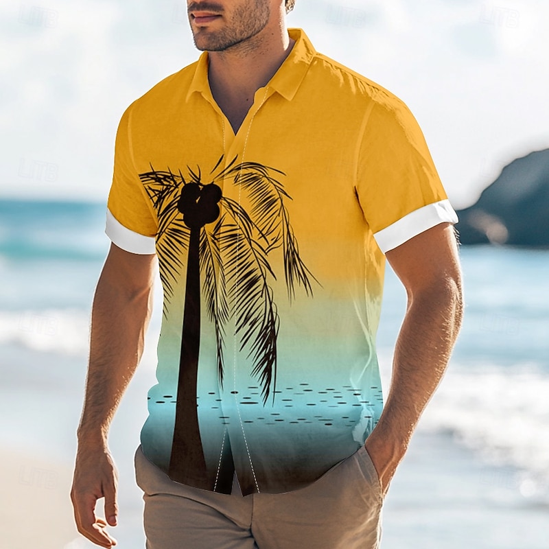 Men's Coconut Tree Tropical Plants Summer Hawaiian Shirt Button Up Shirt Aloha Shirt Short Sleeve Hawaiian Resort Vacation Holiday Beach Wear Summer Spring Turndown 3D Print Yellow
