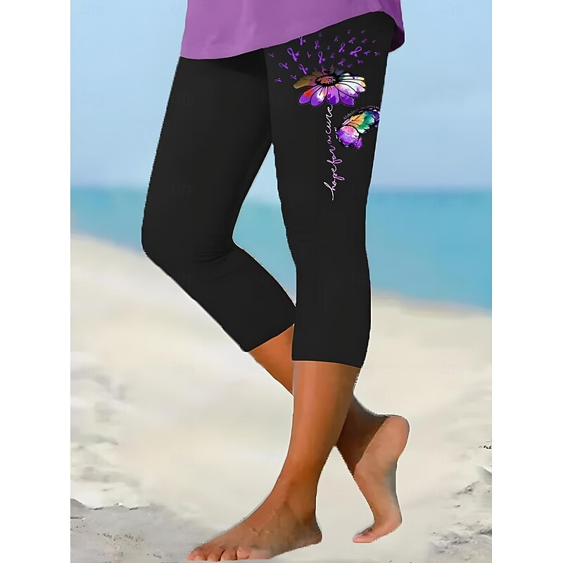 Women's Leggings Capri Pants High Elasticity Vacation Fashion Hawaiian Ankle-Length Mid Waist Floral Printing Thermal Warm Breathable Soft  Vacation Casual Daily Violet Black White Regular Fit