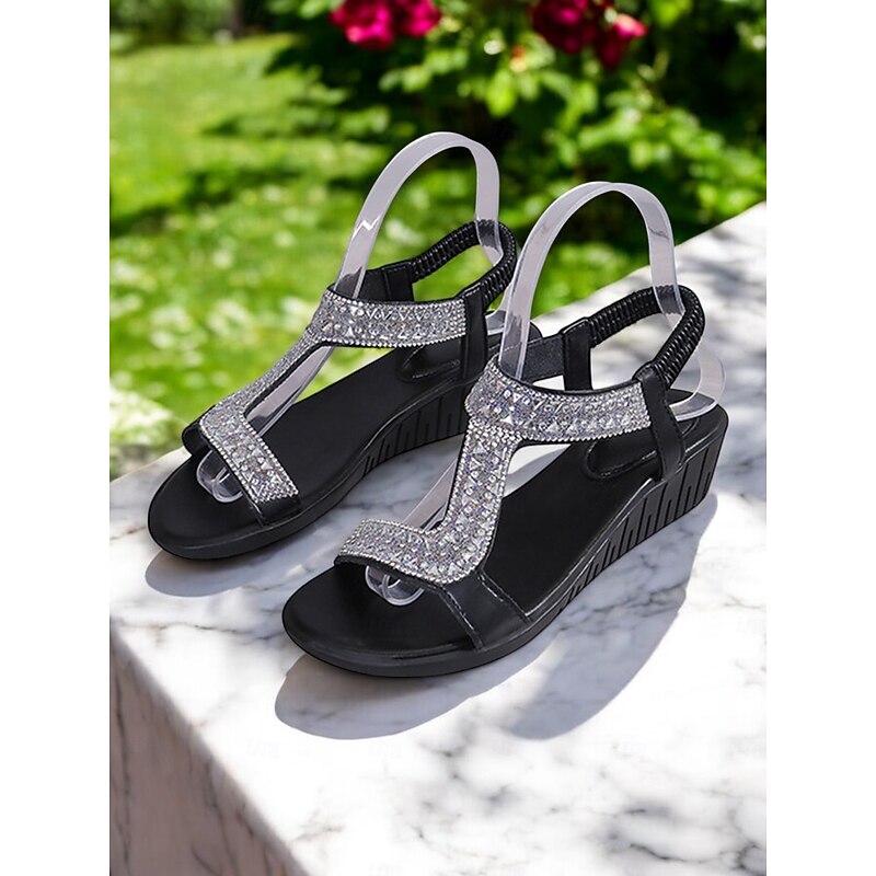 Sparkling T-Strap Sandals for Women – Comfortable and Stylish Wedge Sandals with Rhinestone Accents, Great for Casual Outings, Summer Parties and Special Occasions2