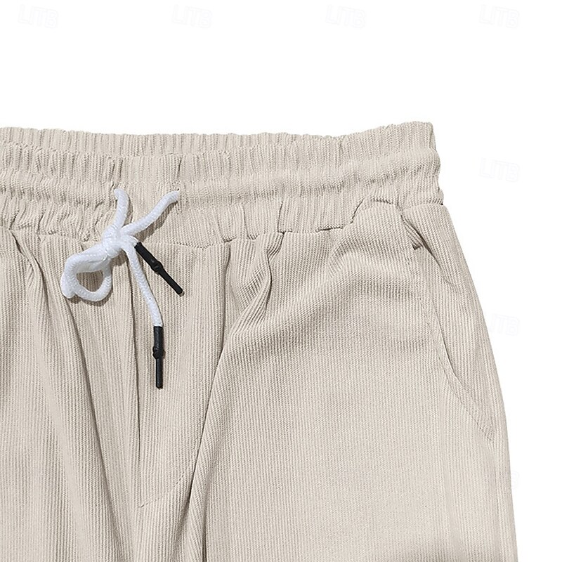 Men's Corduroy Pants Trousers Casual Pants Pocket Drawstring Elastic Waist Plain Breathable Soft Ankle-Length Formal Office Work Vacation Stylish Black White Micro-elastic2