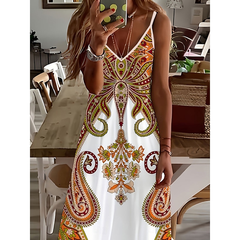 Women's Maxi Dress Casual Dress A Line Dress Slip Dress Vacation Vintage Ethnic Daily Regular Fit Paisley Sleeveless V Neck Yellow Summer Spring Fall2