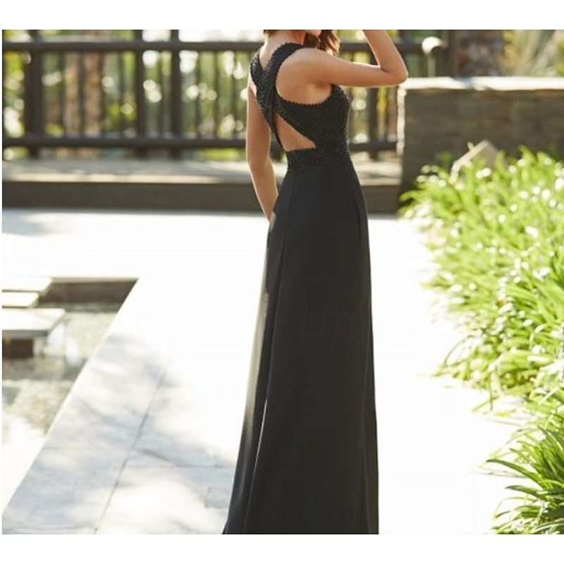 Jumpsuits Evening Gown Elegant  Prom Birthday Floor Length Sleeveless Jewel Neck Fall Wedding Guest Stretch Chiffon with Criss Cross Pure Color free custom size3