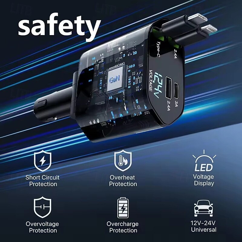 Car Charger Adaptor 120W Fast Charge USB Type C Fast Charger Cable with Retractable Cords Fit for iPhone 16/15/14/13/12 Samsung3