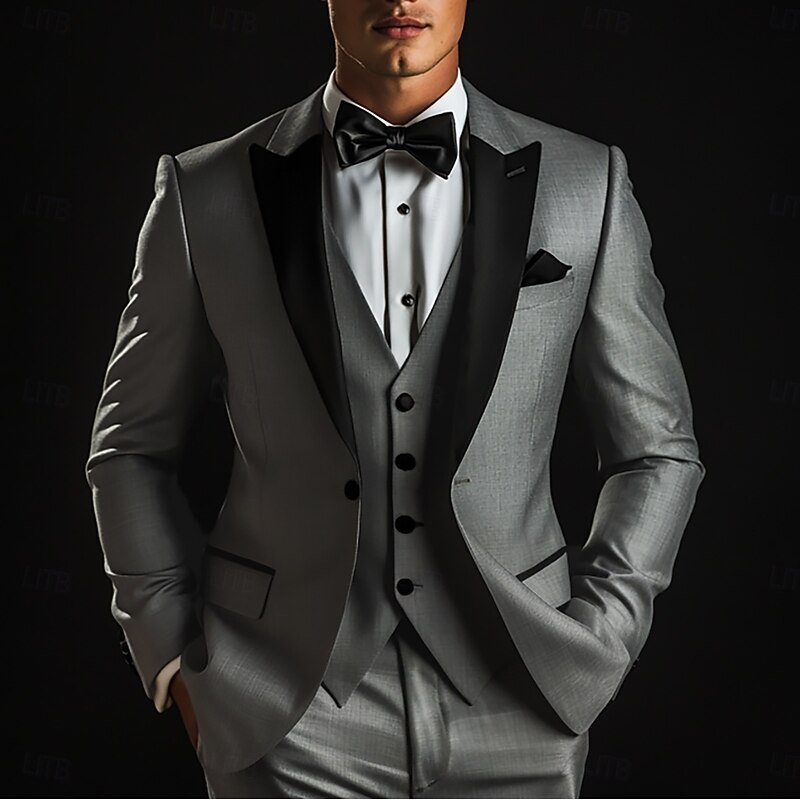 Men's Wedding Prom Wedding Suits Peaked Lapel Grey Business Luxury Solid Colored Standard Fit 3 Piece Single Breasted One-button2