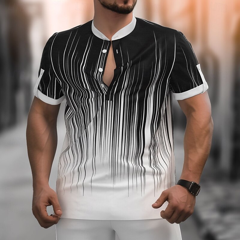 Men's Geometric Striped Gradient Color Shirt Button Down Shirt Short Sleeve Fashion Casual Vacation Holiday Streetwear Summer Spring Standing Collar Henley Collar Black