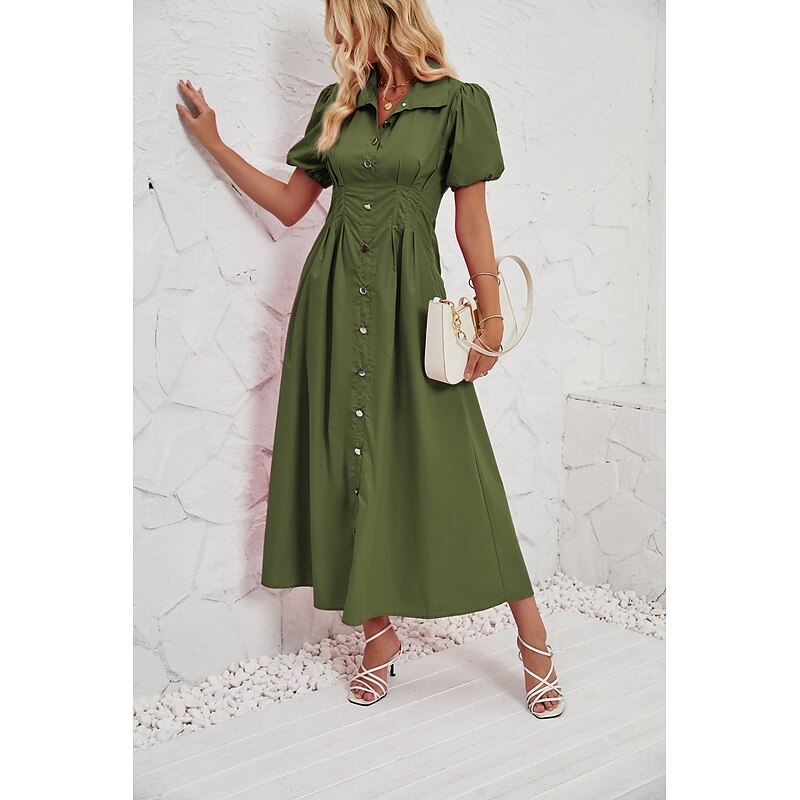 Retro Vintage 1950s Midi Dress Flare Dress Shirt Dress Puff Sleeve Solid Color A-Line V Neck Fancy Dress Women's Masquerade Wedding Vacation Tea Party Adults' Dress3