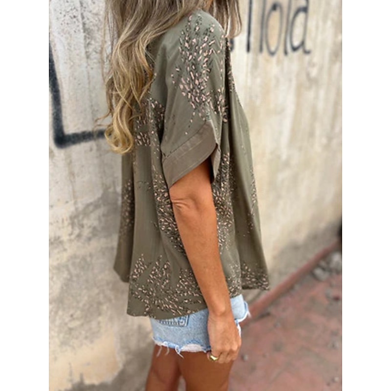 Women's Shirt Blouse Graphic Stylish Casual Short Sleeve V Neck Regular Tops Daily Buttons White Green Summer Spring3