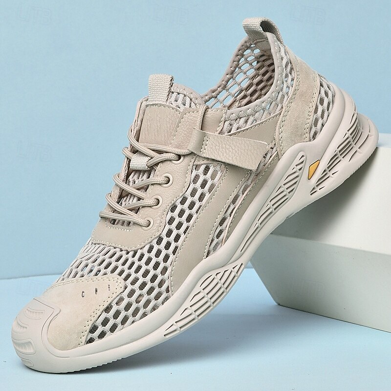 Men's Beige Mesh Sneakers with Lace-up & Velcro Strap, Breathable Casual Sports Shoes for Summer