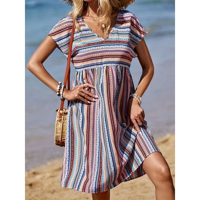 Women's Mini Dress Casual Dress A Line Dress Stylish Casual Vacation Daily Regular Fit Stripe Short Sleeve V Neck Blue Summer3