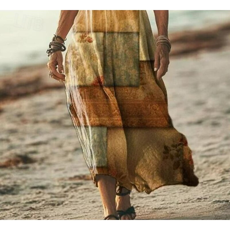 Women's Maxi Dress Casual Dress A Line Dress Stylish Casual Vacation Daily Regular Fit Geometric Short Sleeve V Neck Light Yellow Spring Fall3