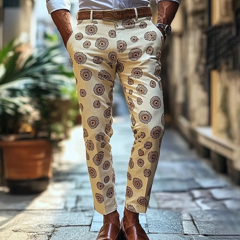 Men's Floral Ethnic Flowers Dress Pants Trousers Mid Waist Business Casual Outdoor Vacation Streetwear with Pockets Slim Fit Flat-Front Summer Spring 3D Print khaki