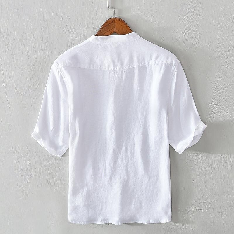 Men's Shirt Linen Shirt Popover Shirt Casual Shirt Cotton Shirt Plain Vacation Street White Khaki Light Blue Short Sleeve Band Collar Summer Clothing Apparel Buttons2