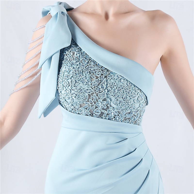 Mermaid / Trumpet Evening Gown Elegant Dress Formal Evening Party Floor Length Sleeveless One Shoulder Lace with Bow(s) Beading Slit3