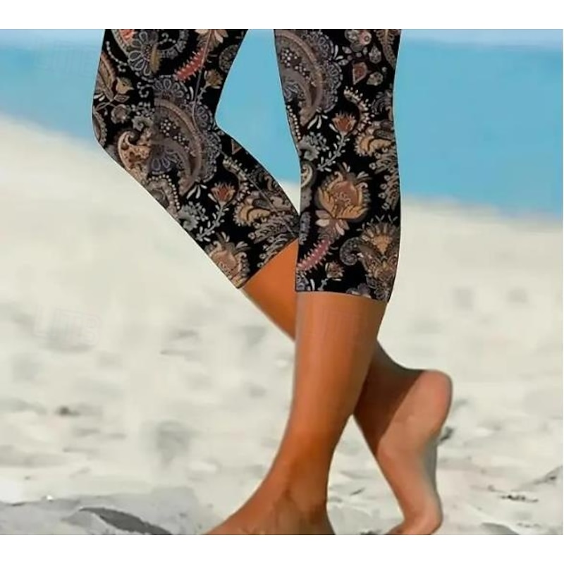 Women's Leggings Capri Pants High Elasticity Vacation Fashion Hawaiian Ankle-Length Mid Waist Floral Printing Thermal Warm Breathable Soft  Vacation Casual Daily Black Grey Summer Spring Regular Fit3