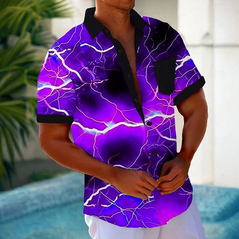 Men's Optical Illusion Lightening Shirt Button Up Shirt Short Sleeve Fashion Casual Vacation Holiday Beach Wear Summer Spring Turndown 3D Print Collared Shirts Front One Pocket Red Blue Purple4
