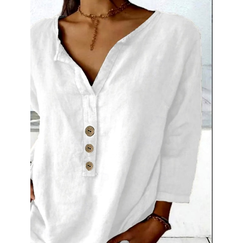 Women's Shirt Blouse Solid Color Stylish Casual 3/4 Length Sleeve Crew Neck Regular Tops Daily Buttons Black White Pink Navy Blue Orange Summer Spring2