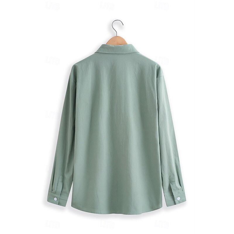 Men's Shirt Linen Shirt Summer Shirt Beach Wear Button Up Shirt Solid Color Vacation Street White Blue Green Khaki Long Sleeve Fold-over Collar Summer Spring Clothing Apparel Pocket2