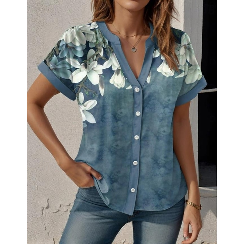 Women's Shirt V Neck Button Down Blouse Floral Graphic Stylish Beach Short Sleeve Shirt Collar Regular Tops Daily Buttons Print Blue Summer Spring