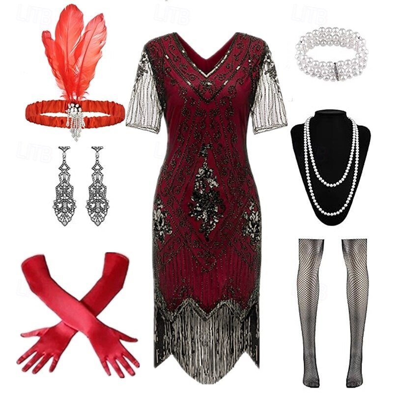 1920s The Great Gatsby Party Costume Masquerade Illusion Sleeve The Great Gatsby Tassel Fringe Sequin Tassel V Neck Fancy Dress Women's Halloween Carnival Bachelorette Party Adults' 1 Bracelet Dress4
