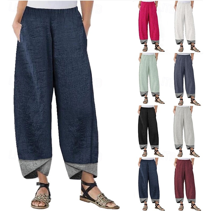 Women's Cotton Linen Shorts Linen-Inspired Pants Cotton Linen Pants Fashion Streetwear Comfort Full Length High Waist Plain Pocket Elastic Waist Straight Leg Comfy Outdoor Comfortable Street Daily