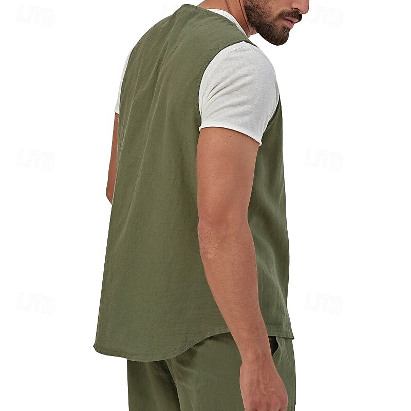 Men's Linen Shirt Tank Top Vest Sleeveless Button Summer Solid Color Plain Fashion Classic Comfortable Street Casual Sports Dark Yellow Black Light Green Top Tee for Men2