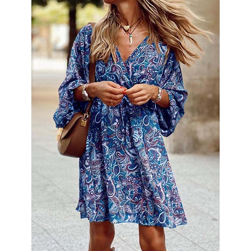 Women's Midi Dress Corset Dress Shift Dress Summer Dress Puff Sleeve Dress Vacation Vacation Daily Regular Fit Graphic 3/4 Length Sleeve V Neck Red Blue Purple Brown Summer4