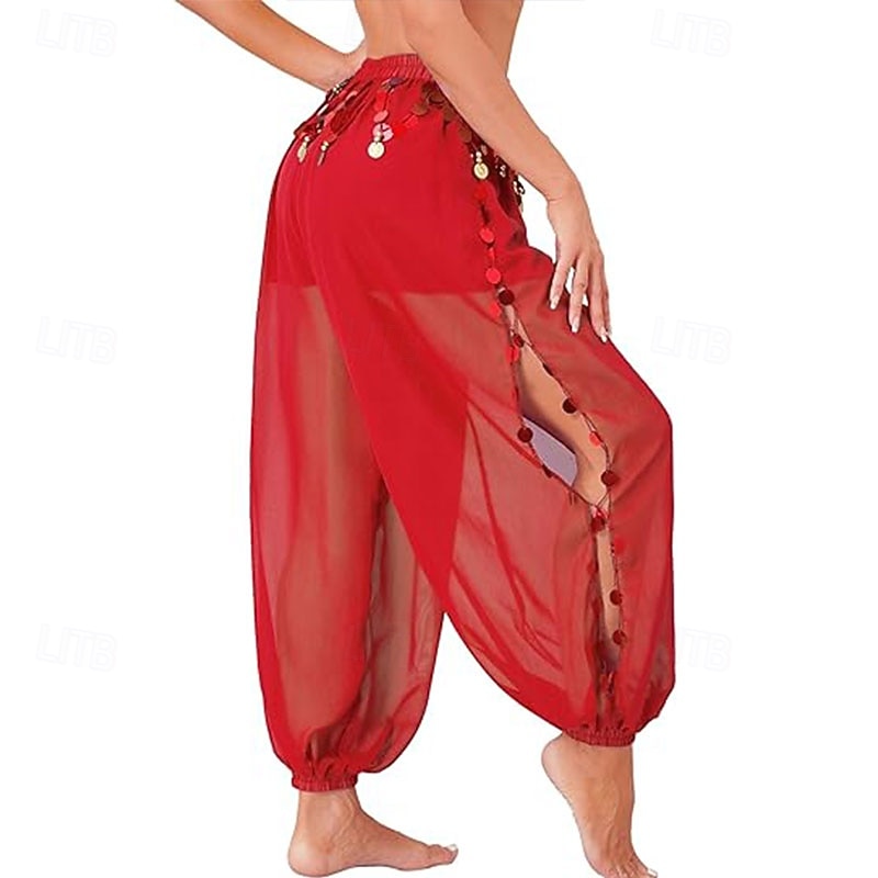 Women's Belly Dance Costume Coin Lantern Pants Side Split Sequin Shiny Harem Pants Arabic Halloween Trousers