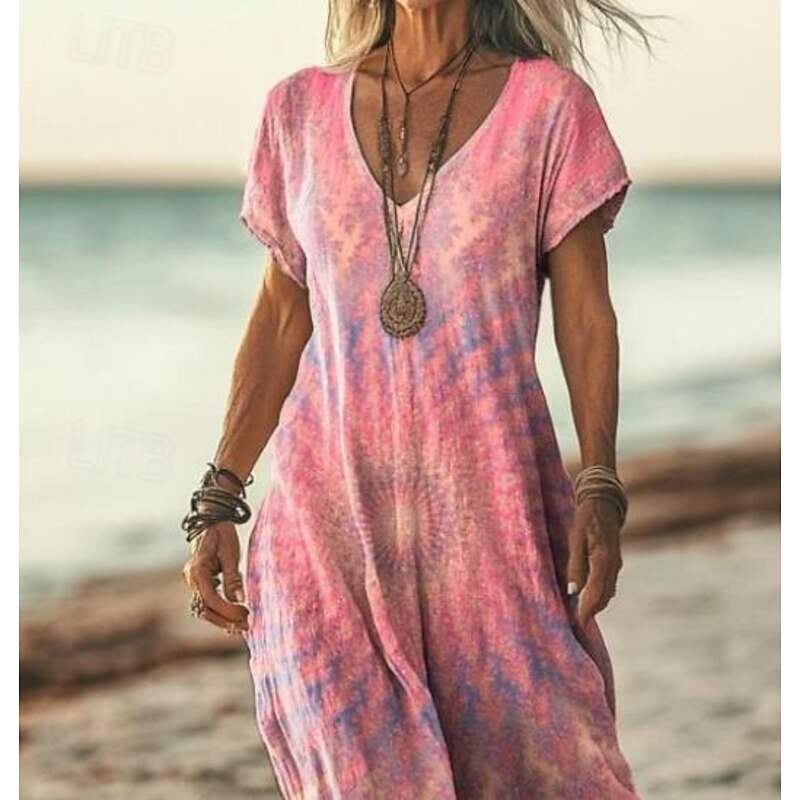 Women's Maxi Dress Casual Dress A Line Dress Stylish Casual Vacation Daily Regular Fit Floral Short Sleeve V Neck Light Pink Light Purple Purple Beige Spring Fall2