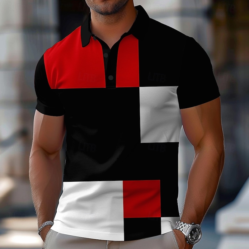Men's Color Block Polo Short Sleeve Polo Shirts Collared Shirts Casual School Outdoor Sports Daily Wear 3D Print Summer Spring Fall Yellow Red Blue