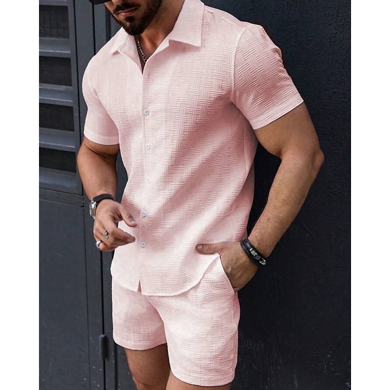Men's T-shirt Suits 2 Pieces Outfits Tee & Shorts Short Sleeve Lapel Summer Plain Fashion Casual 2 Piece Jacquard Vacation Daily Wear Going out Black White Pink Top Tee for Men