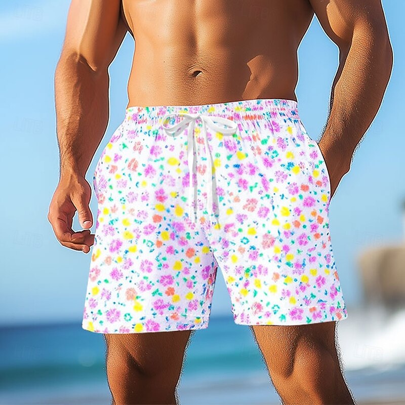 Men's Daisy Floral Print Flowers Swim Trunks Swim Shorts Board Shorts Mid Waist Hawaiian Casual Vacation Holiday Beach Wear Side Pockets Mesh Lining Elastic Drawstring Waist Designer Clothing Apparel
