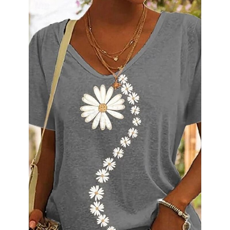Women's T Shirt Floral Casual Short Sleeve V Neck Regular Tops Daily Print Gray Summer3