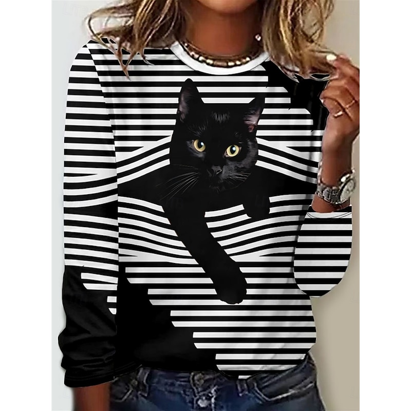 Women's T shirt Crew Neck Long Sleeve Tunic Cat Striped Casual  Regular Tops Daily Print Black Green Spring Fall MAO