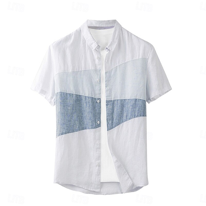 Men's 100% Linen Shirt White Short Sleeve Color Block Shirt Collar School Wedding Patchwork Clothing Apparel Elegant Vacation Vintage Tropical2